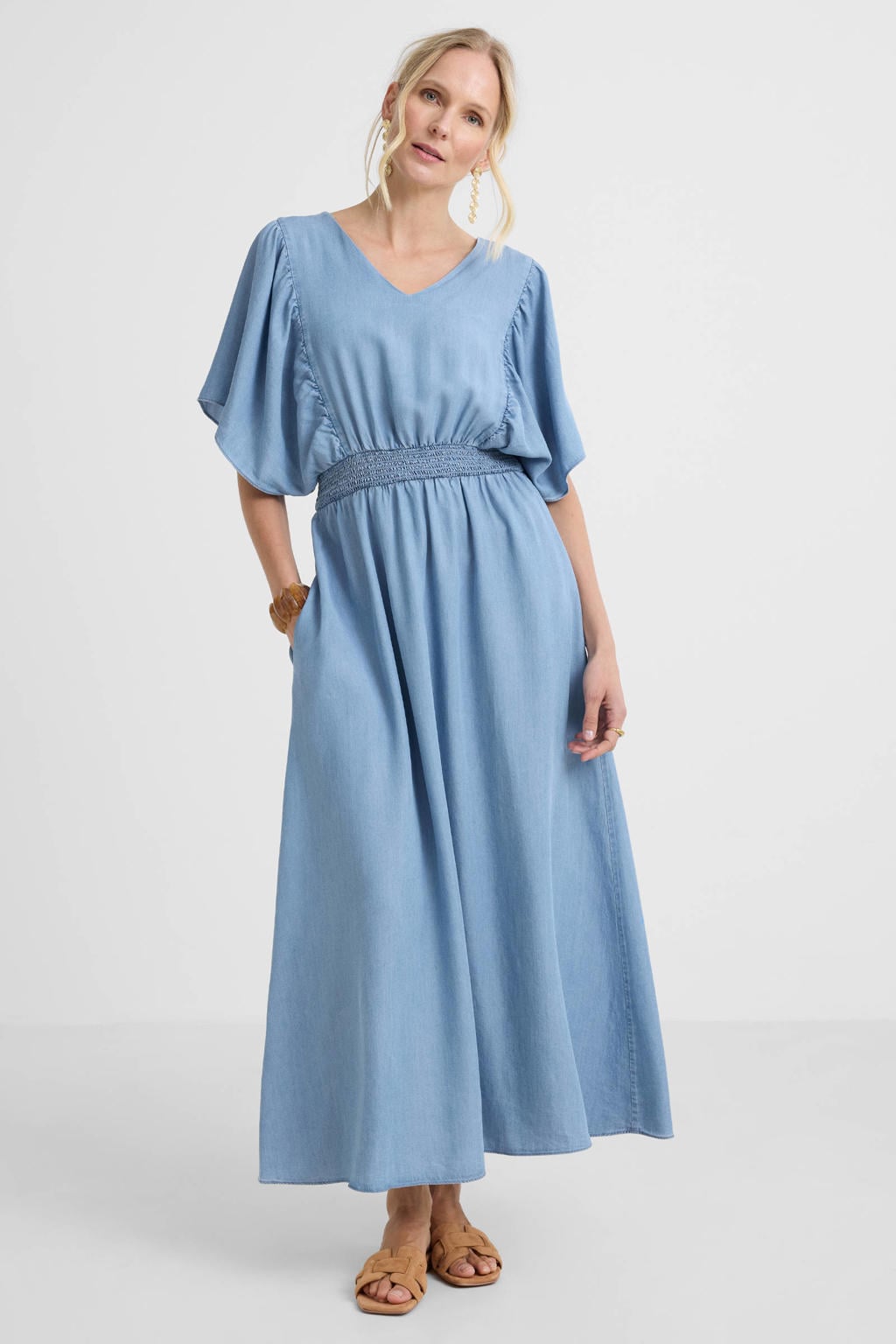 Blauwe dames Geisha A-lijn jurk van viscose met effen, half lange mouwen, V-hals en elastische tailleband