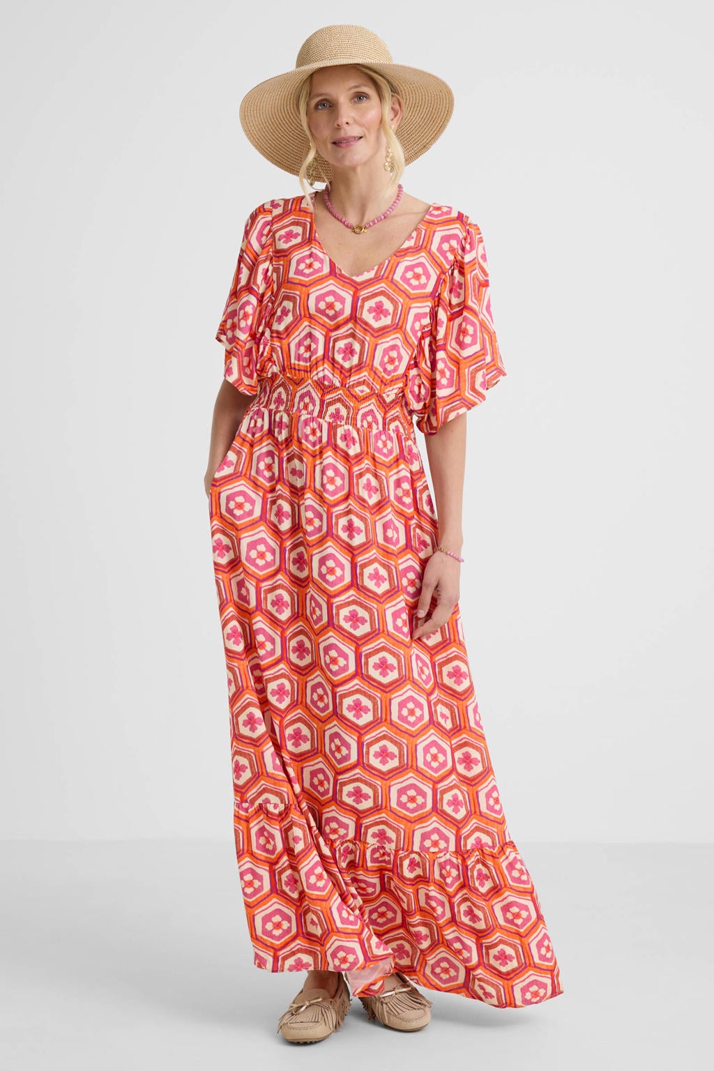 Oranje en roze dames Geisha A-lijn jurk van viscose met half lange mouwen en V-hals