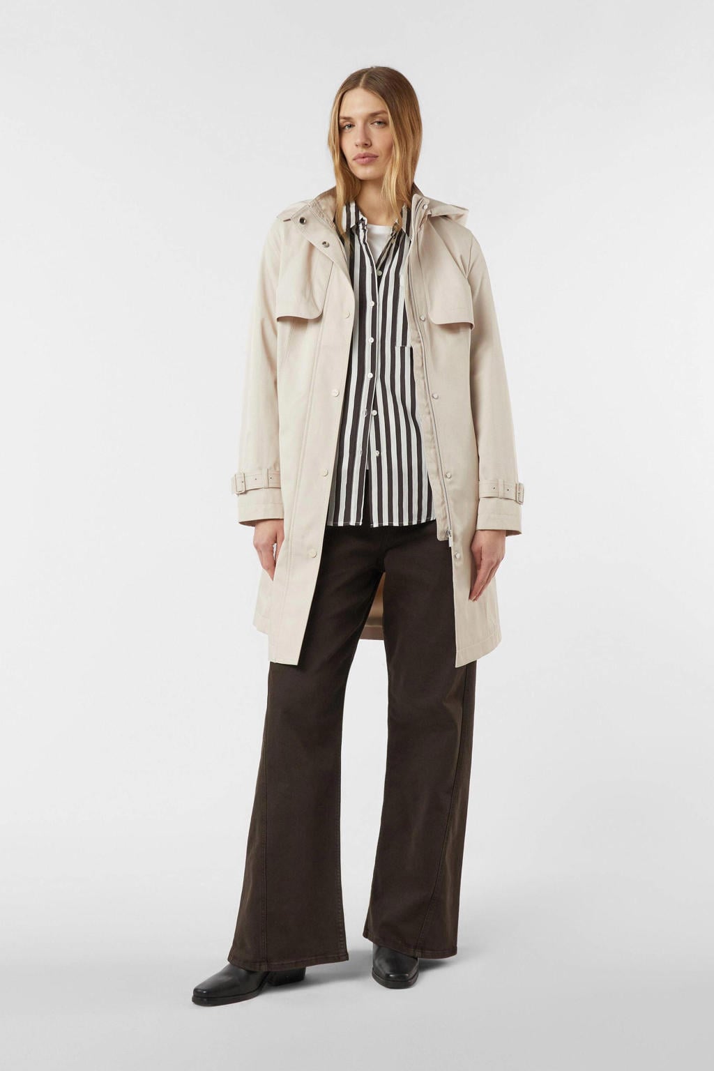 Beige dames comma trenchcoat van polyester met effen, lange mouwen, opstaande kraag en ceintuur