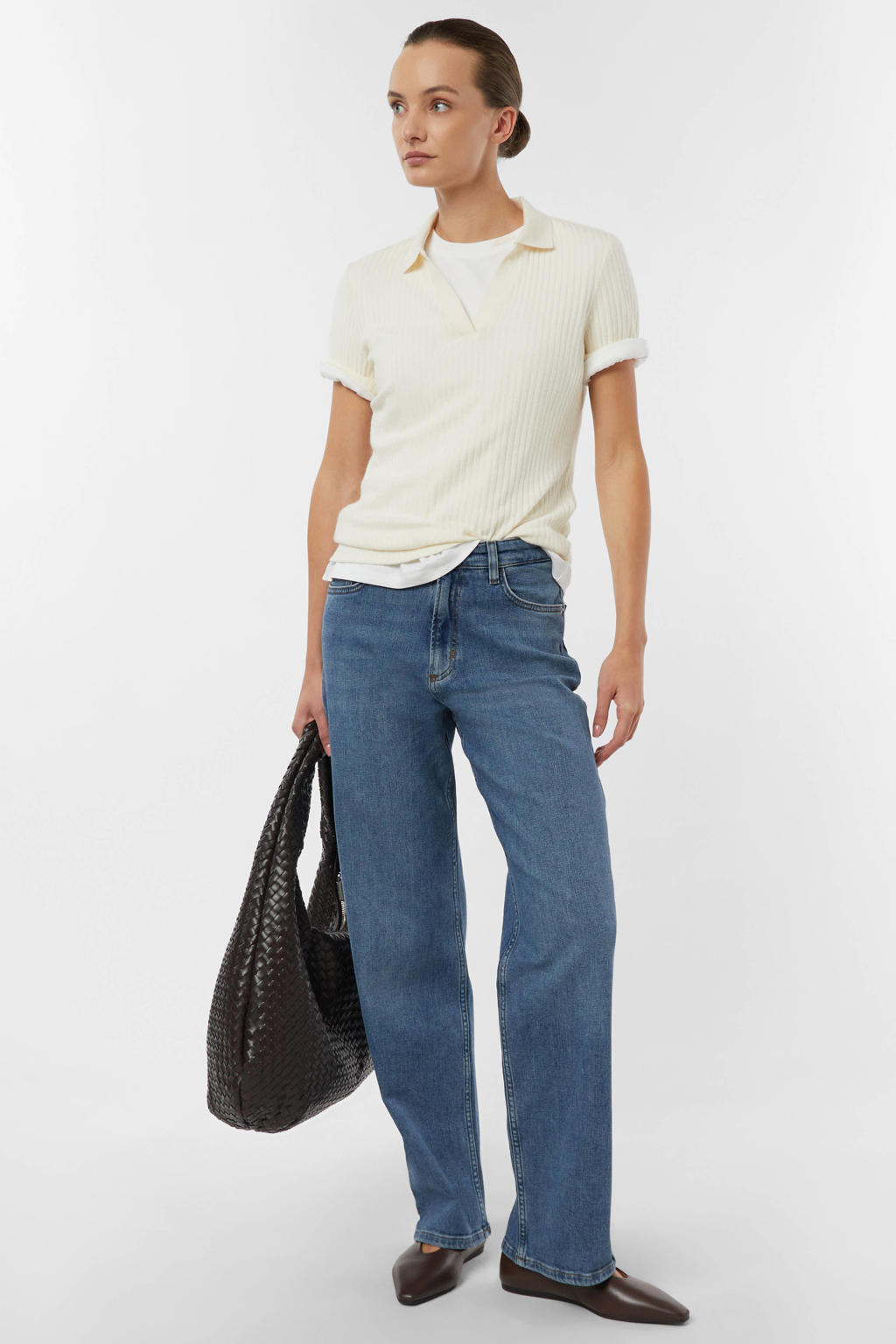 Medium blue denim dames comma wide leg jeans van denim met rits- en knoopsluiting en effen