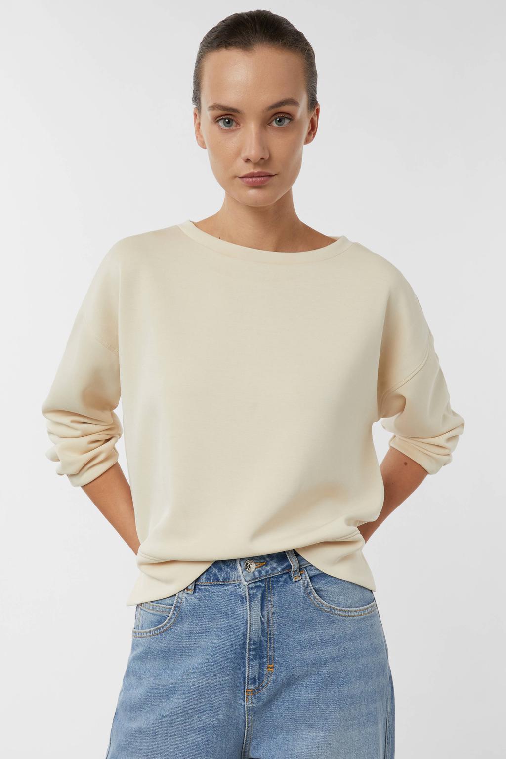 Beige dames comma sweater van polyester met effen, lange mouwen en ronde hals
