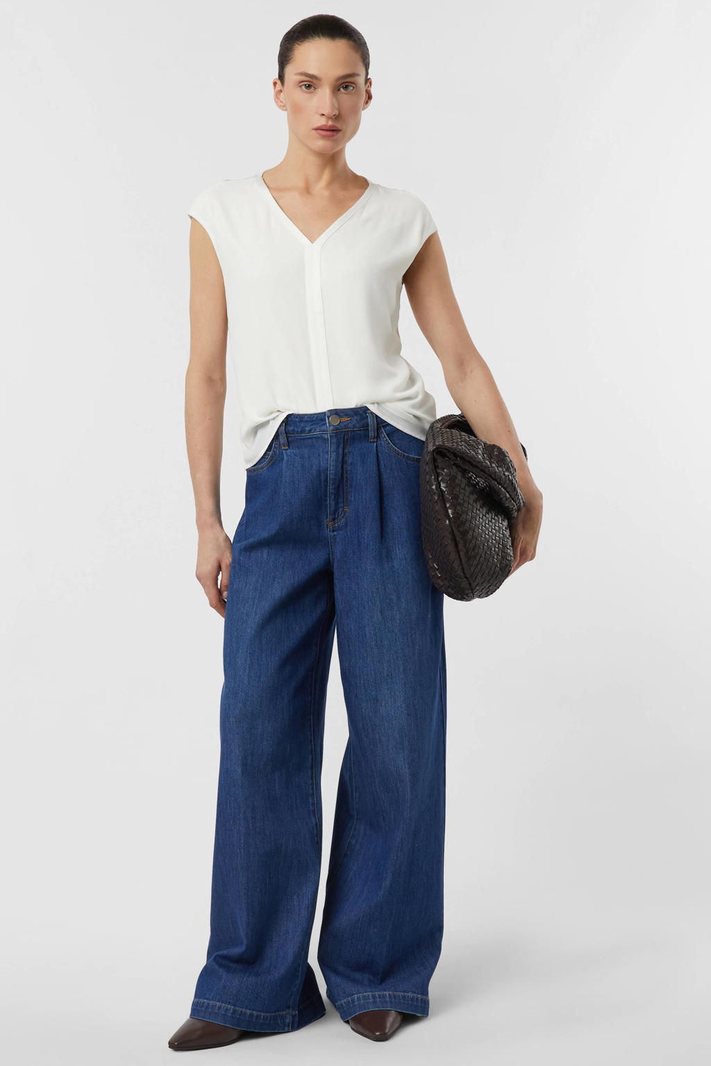 Witte dames comma T-shirt van viscose met effen, korte mouwen en ronde hals