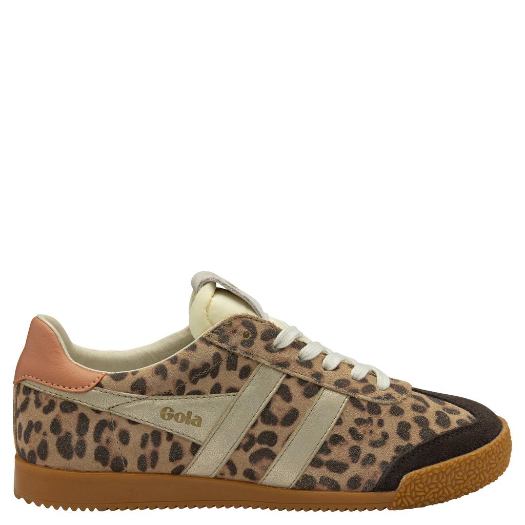Beige en zwarte dames Gola Elan Safari leren sneakers met veters en panterprint