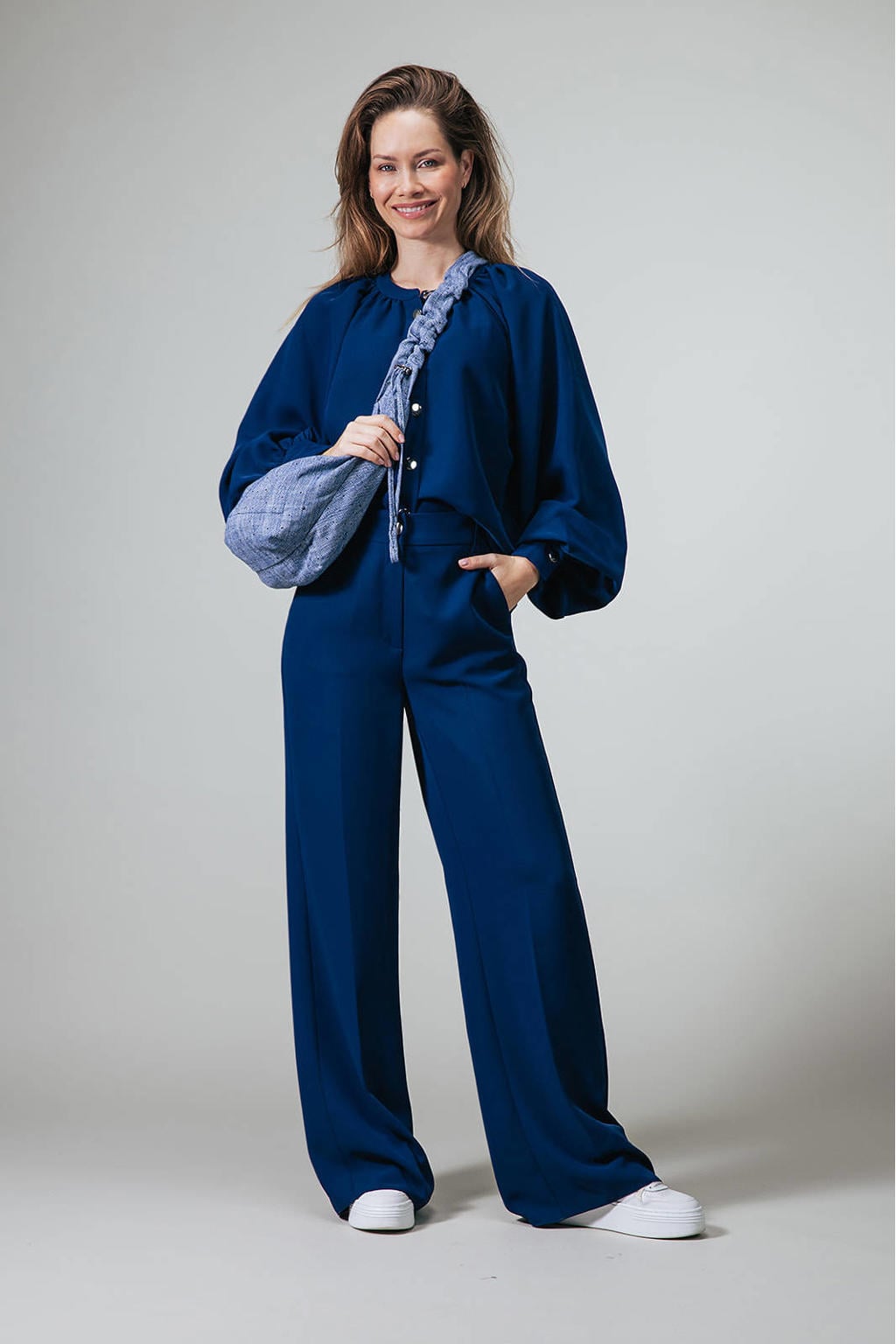 Blauwe dames LabeL DOT wide leg regular waist broek met effen