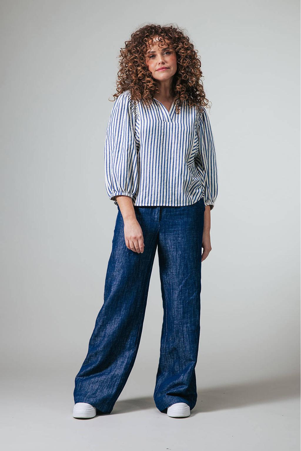 Blauw en witte dames LabeL DOT gestreepte top van polyester met driekwart mouwen en V-hals