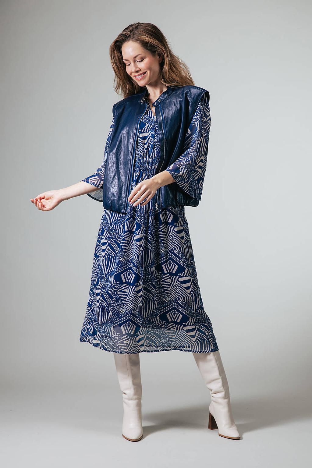Blauwe dames LabeL DOT midi jurk van polyester met driekwart mouwen en V-hals