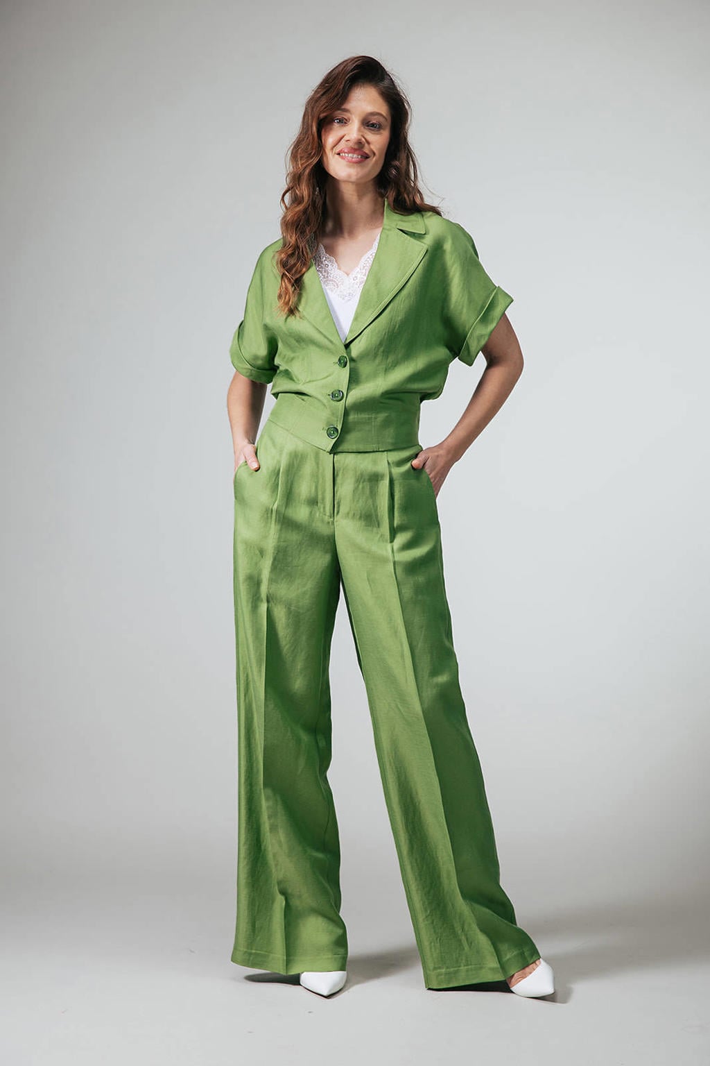 Groene dames LabeL DOT regular blazer van viscose met effen, lange mouwen, reverskraag en knoopsluiting