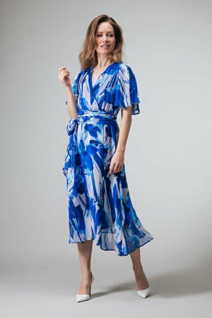 gebloemde wikkel-/overslagjurk blauw