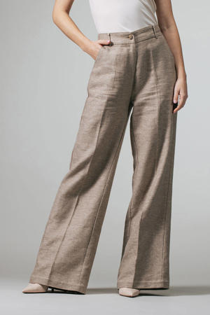 wide leg high waist broek met linnen taupe