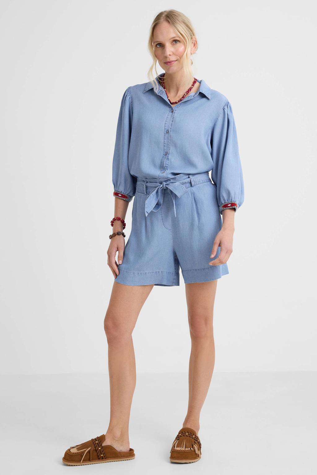 Lichtblauwe dames Geisha relaxed high waist casual short van lyocell met striksluiting en effen
