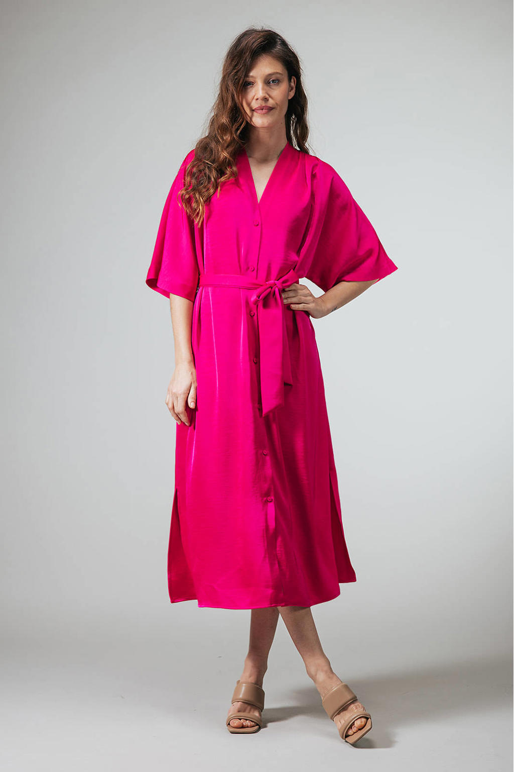 Roze dames LabeL DOT blousejurk van acetaat met effen, half lange mouwen, V-hals, knoopsluiting en ceintuur