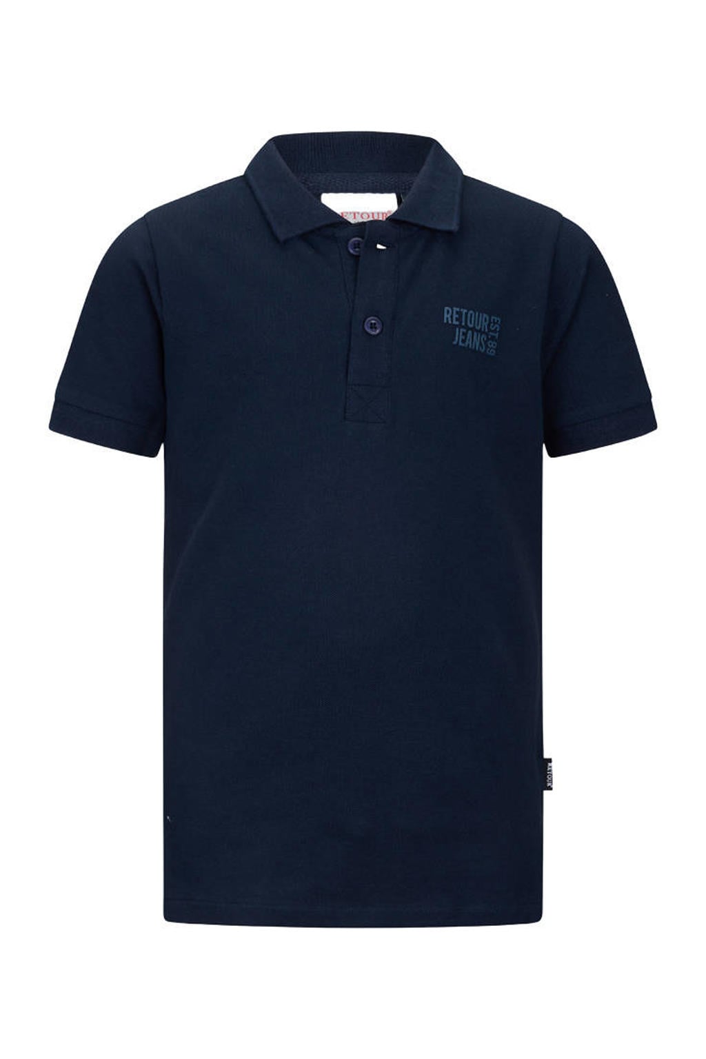 Donkerblauwe jongens Retour Jeans polo van katoen met printopdruk, korte mouwen en knoopsluiting