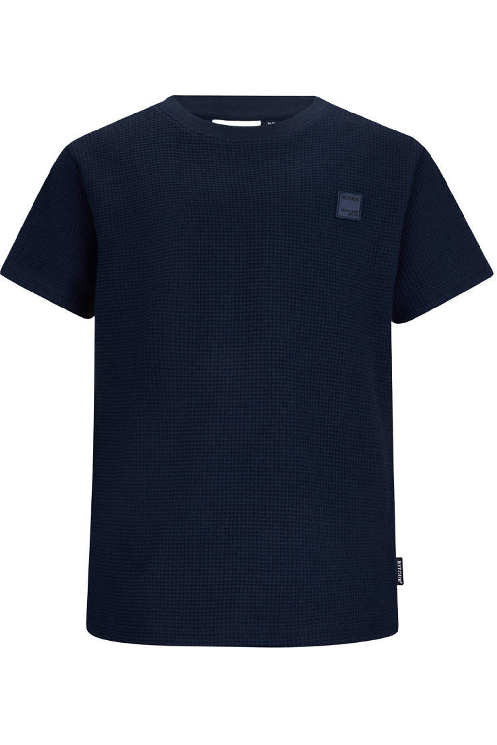 Donkerblauwe jongens Retour Jeans T-shirt van stretchkatoen met effen, korte mouwen, ronde hals en wafel