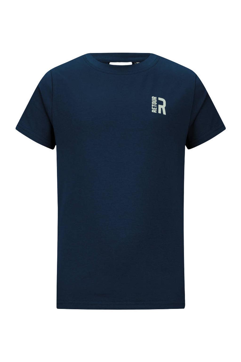Donkerblauwe jongens Retour Jeans T-shirt van stretchkatoen met effen, korte mouwen en ronde hals