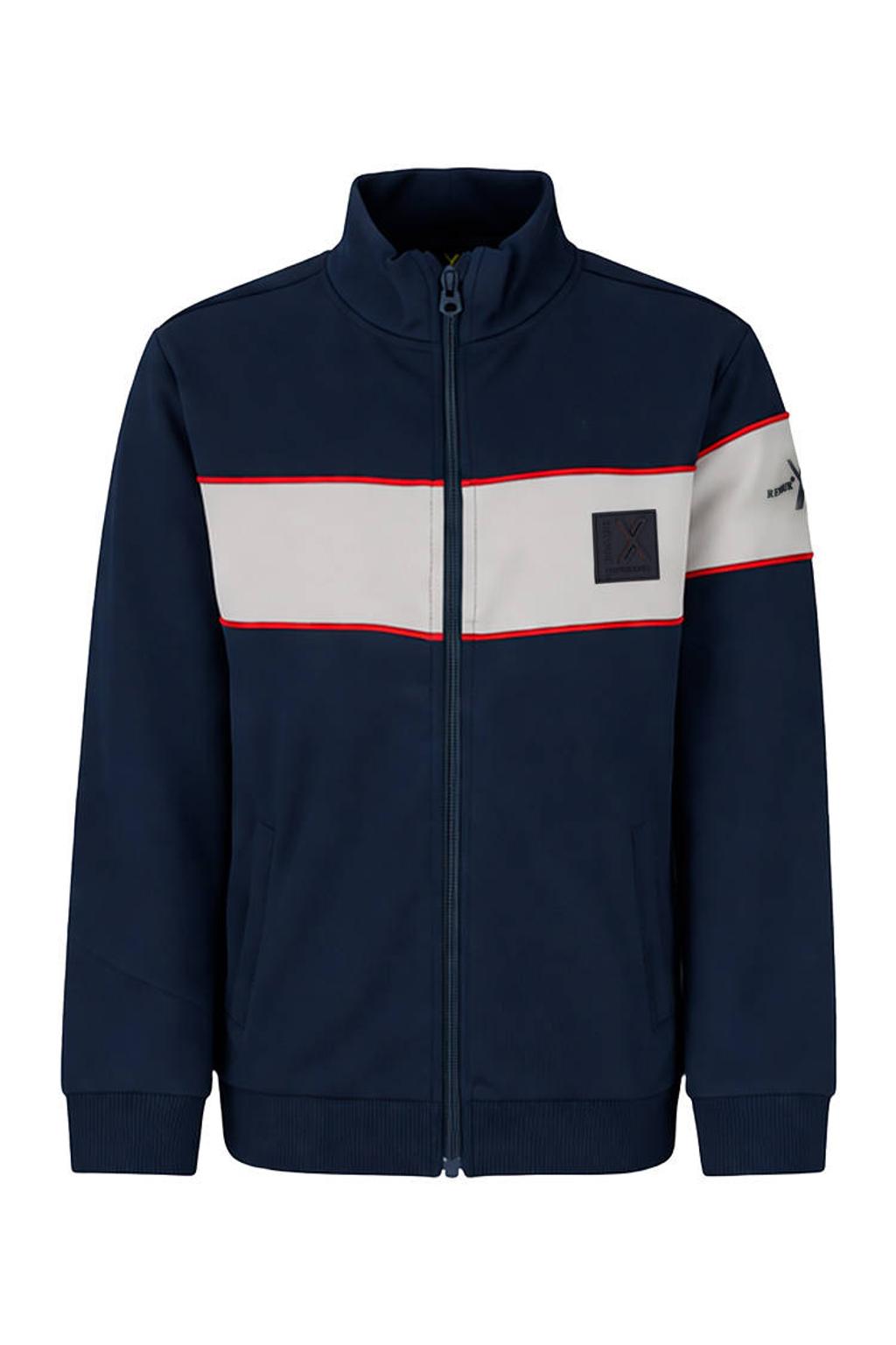 Donkerblauw, wit en rode jongens Retour Jeans sweatvest van polyester met meerkleurige print, lange mouwen, opstaande kraag, ritssluiting en geribde boorden
