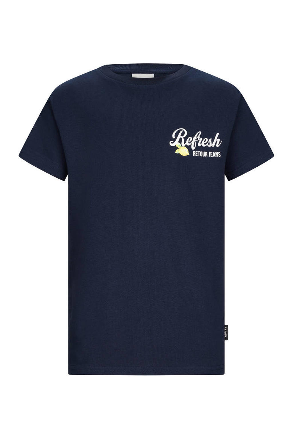 Donkerblauwe jongens Retour Jeans T-shirt van katoen met backprint, korte mouwen en ronde hals
