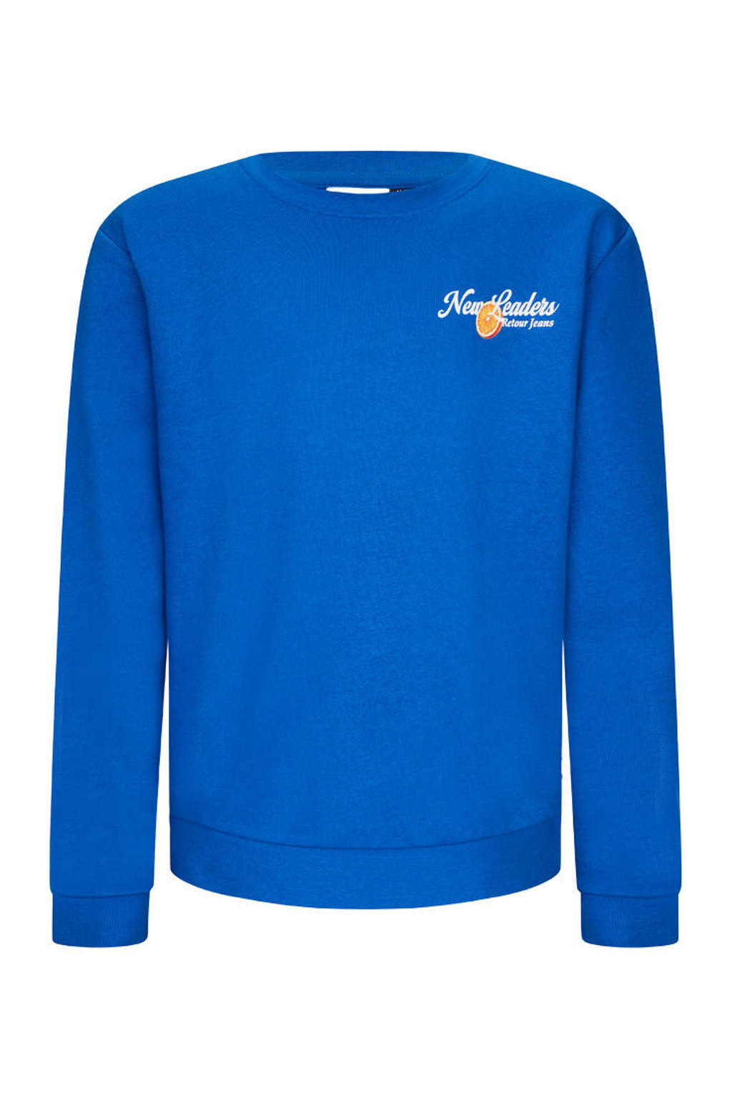Blauwe jongens Retour Jeans sweater met backprint, lange mouwen, ronde hals en geribde boorden