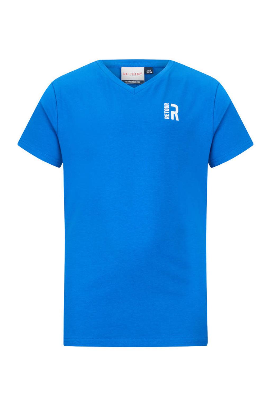 Blauwe jongens Retour Jeans T-shirt van stretchkatoen met effen, korte mouwen en ronde hals