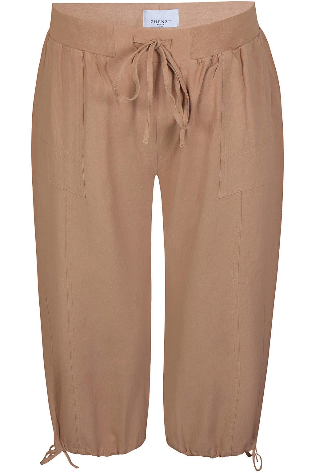 Camelkleurige dames Zhenzi straight regular waist broek van katoen met elastische tailleband met koord en effen