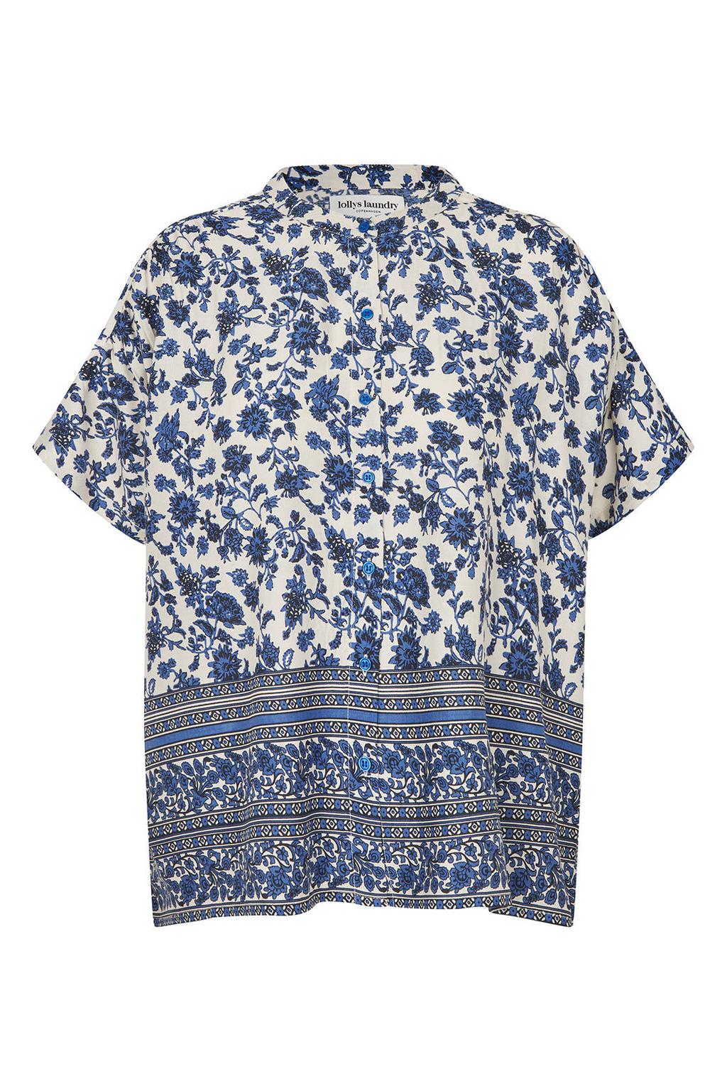 Donkerblauw en ecru dames Lollys Laundry gebloemde blouse van viscose met korte mouwen, klassieke kraag en knoopsluiting