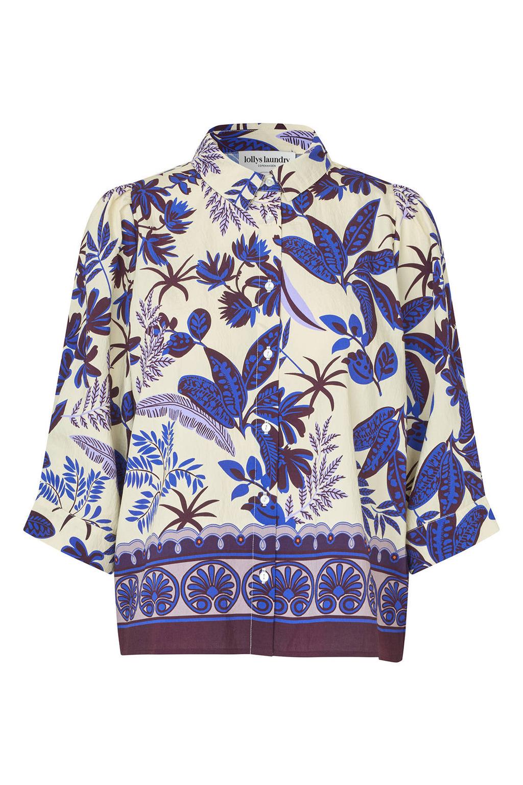 Blauwe dames Lollys Laundry blouse van viscose met driekwart mouwen, klassieke kraag en knoopsluiting