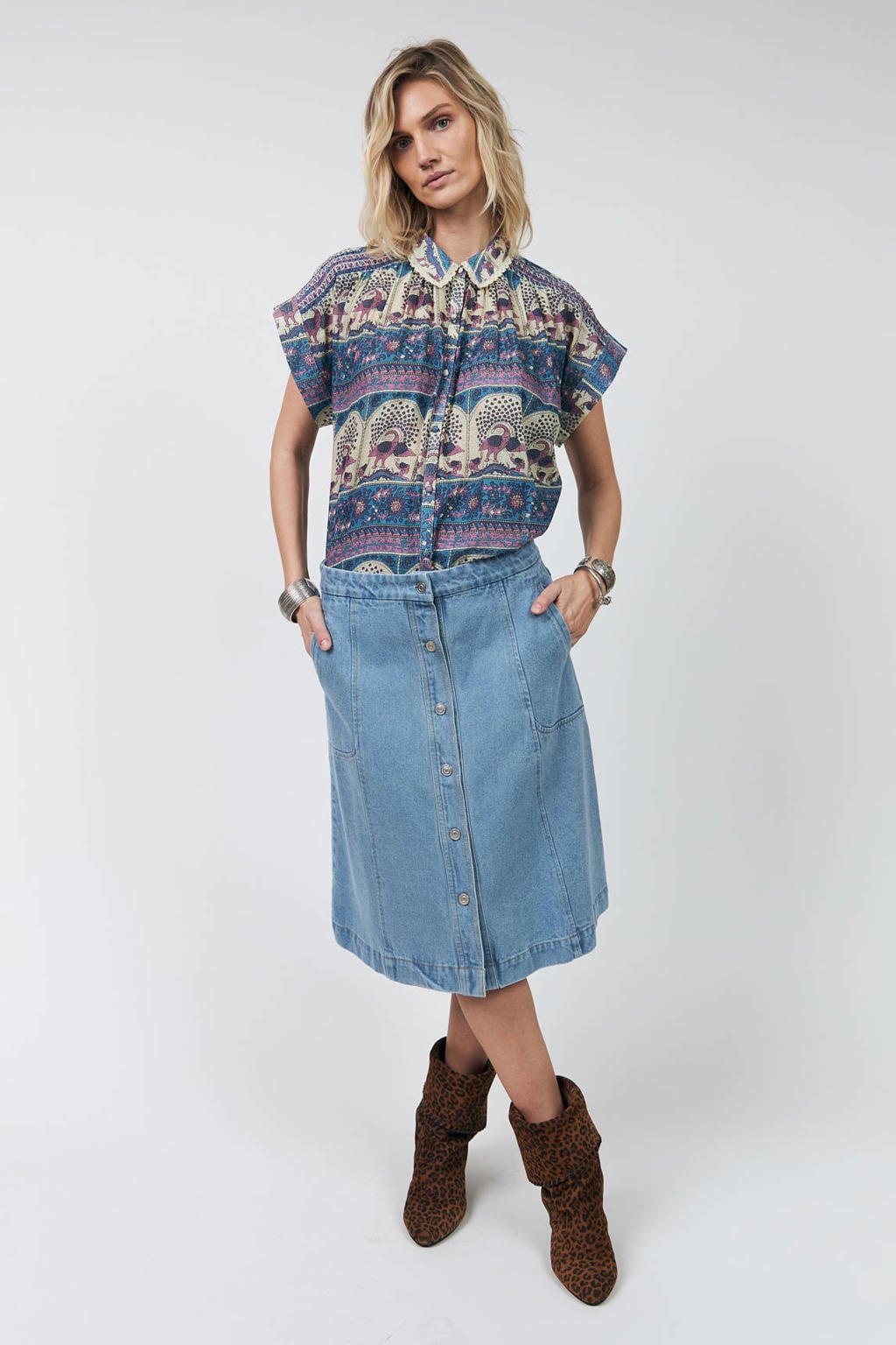 Blauw, roze en beige dames Lollys Laundry blouse van katoen met korte mouwen, klassieke kraag en knoopsluiting