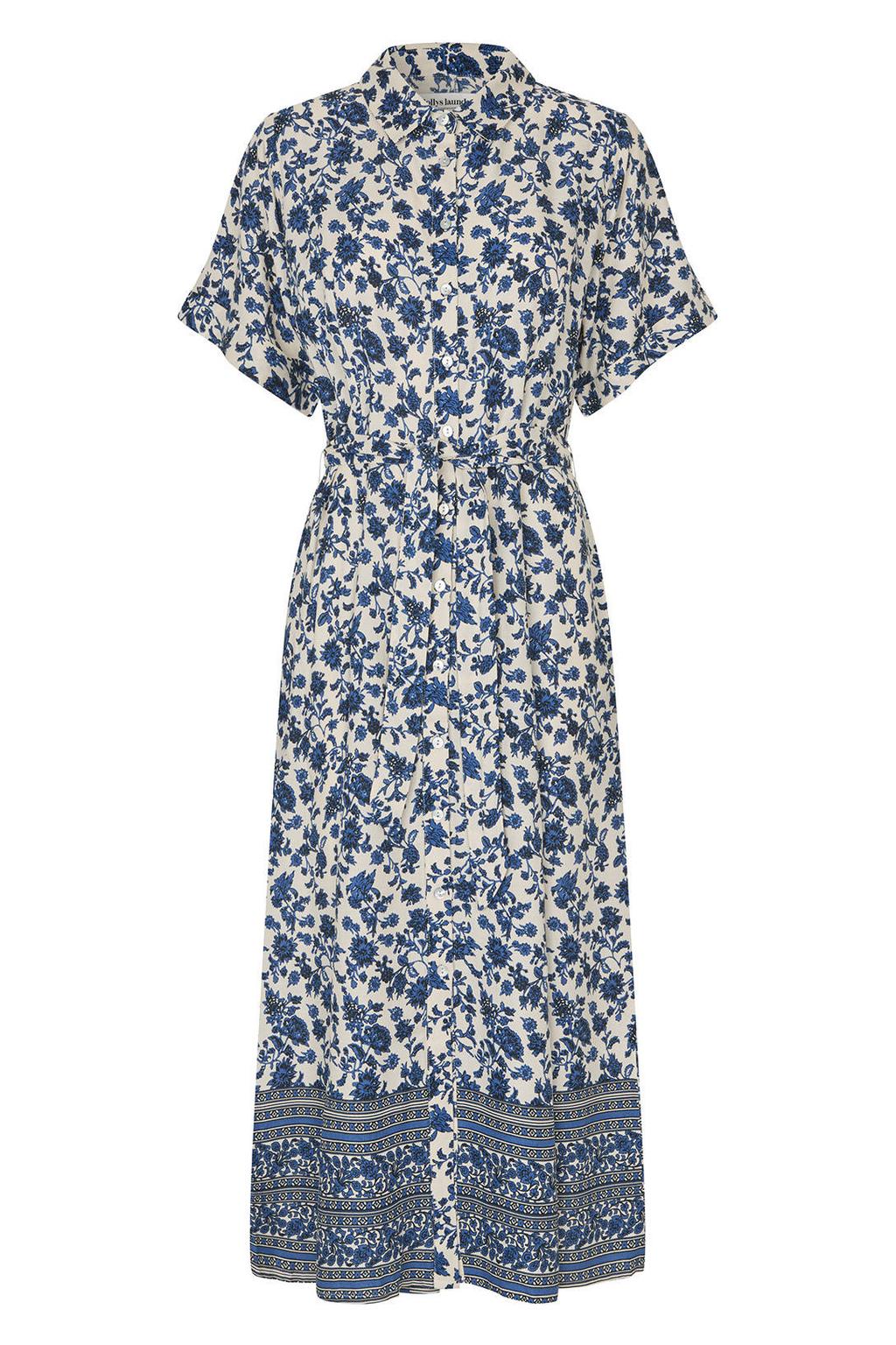 Donkerblauw en ecru dames Lollys Laundry gebloemde maxi jurk van viscose met korte mouwen, klassieke kraag en knoopsluiting