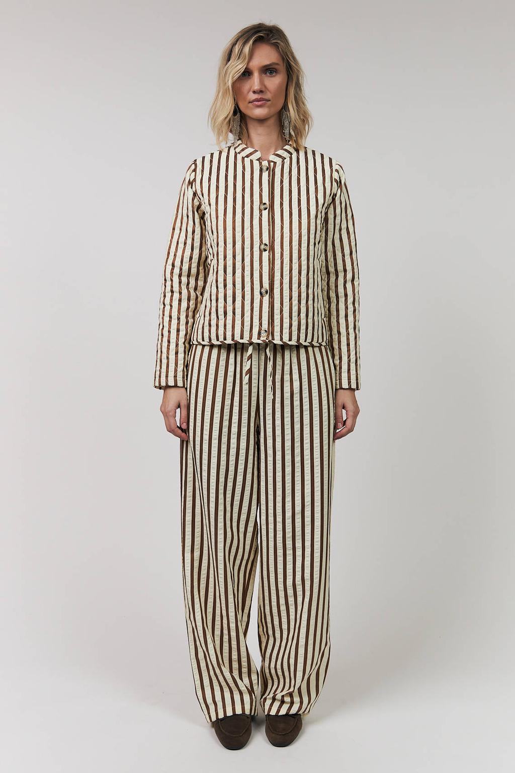 Bruine dames Lollys Laundry wide leg high waist gestreepte broek van katoen met elastische tailleband met koord
