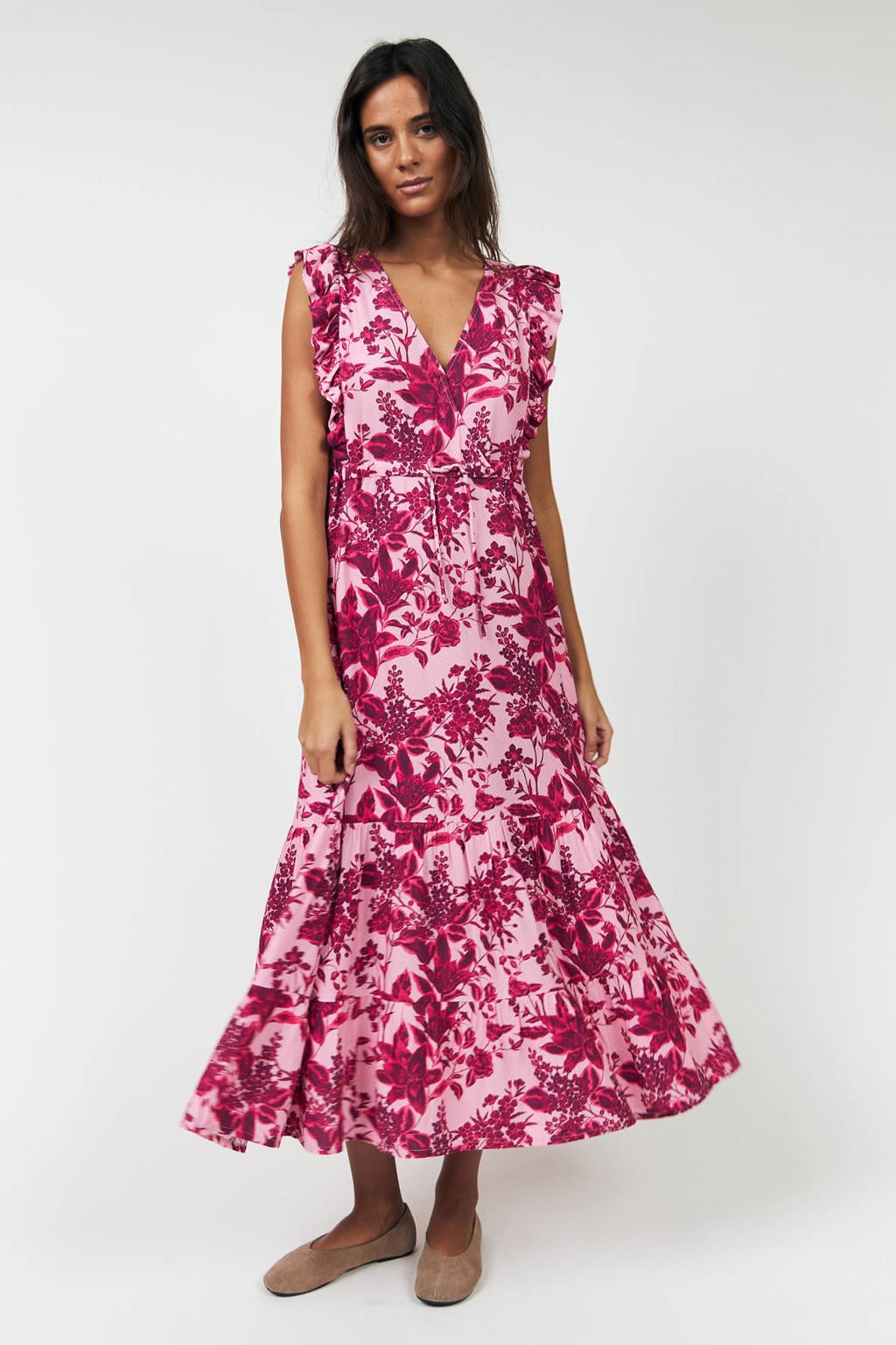 Roze dames Lollys Laundry A-lijn jurk van viscose met V-hals, elastische tailleband met koord en ruches