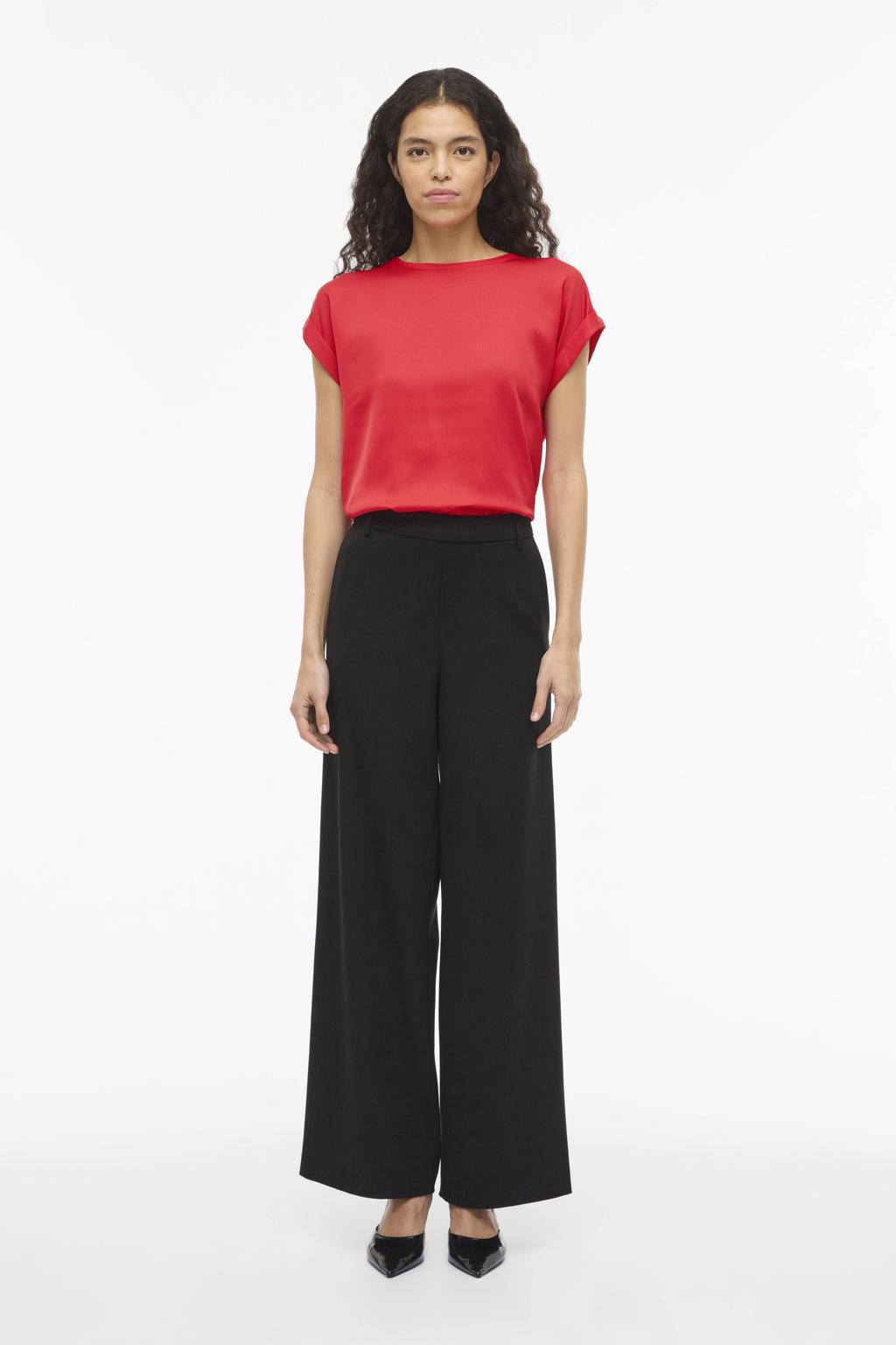 Koraalrode dames VILA satijnen blousetop van polyester met effen, korte mouwen, ronde hals en glimmend detail