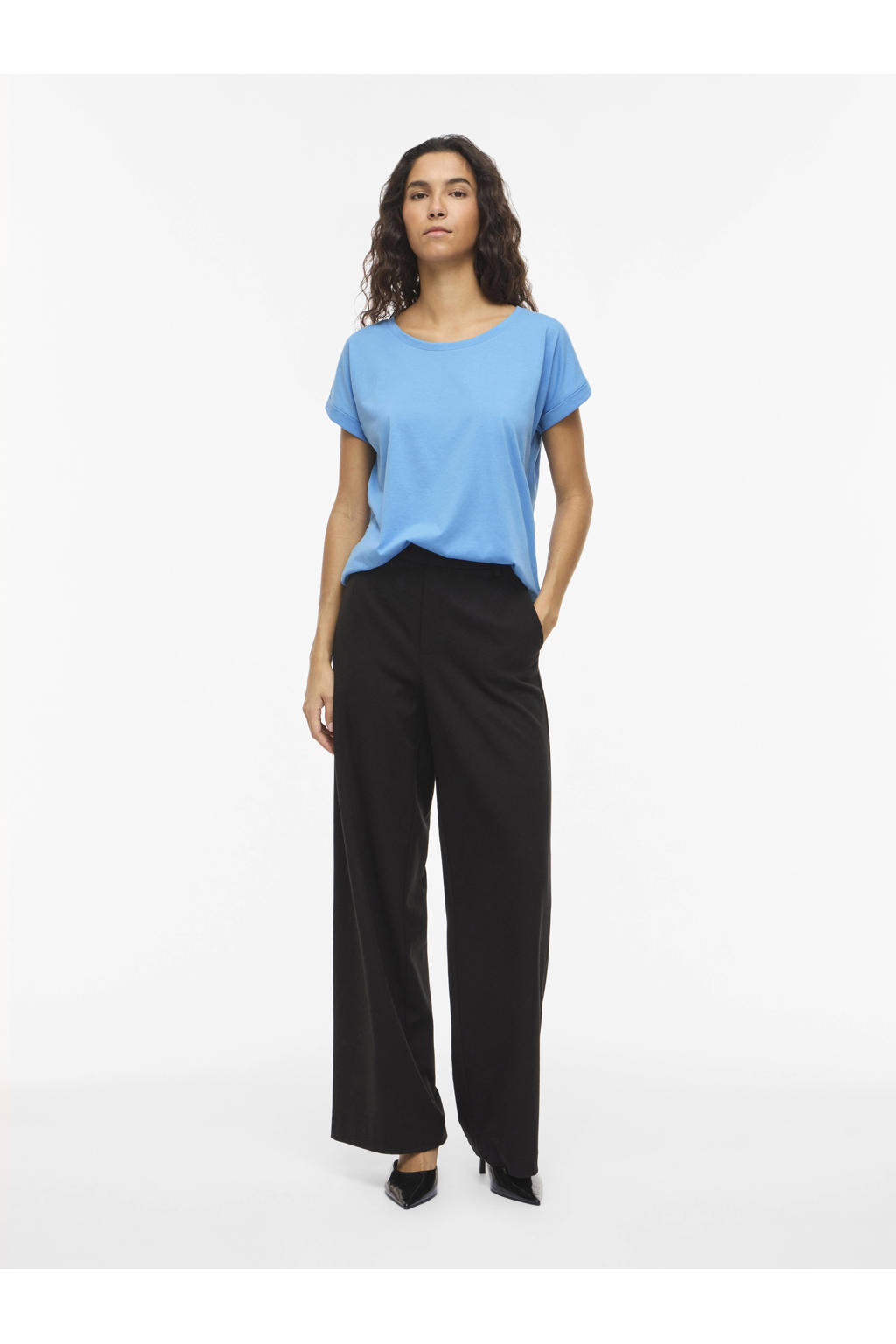 Blauwe dames VILA T-shirt van katoen met effen, korte mouwen, ronde hals en omslagdetail