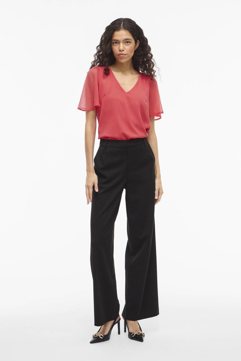 Koraalrode dames VILA top van polyester met effen, korte mouwen, V-hals en semi-transparante details