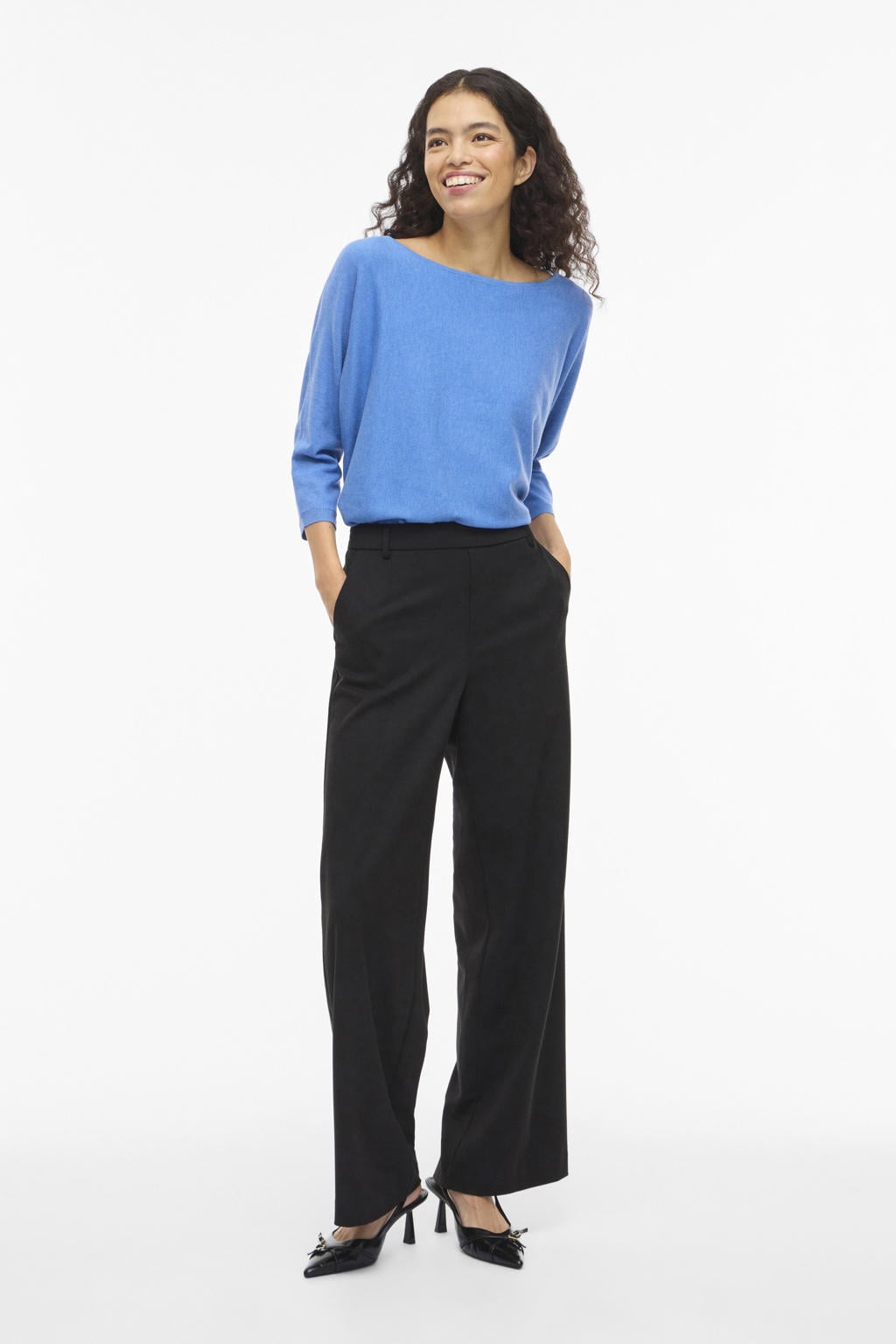 Blauwe dames VILA trui gebreid van polyester met effen, lange mouwen en boothals