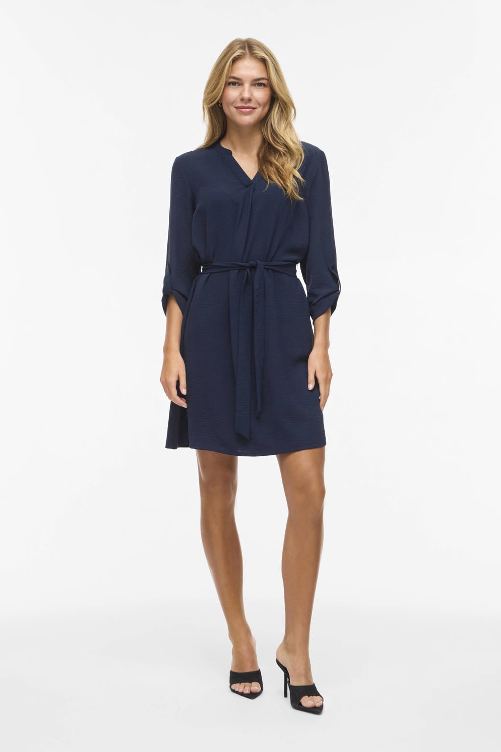 Marineblauw dames VILA korte jurk blauw van polyester met effen, driekwart mouwen en V-hals