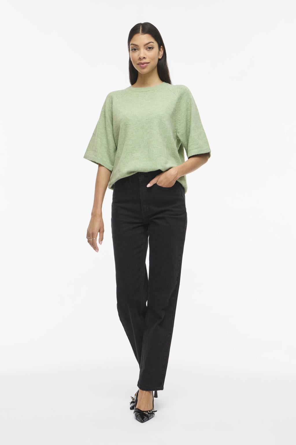 Lichtgroene dames VILA top gebreid van polyester met melée print, korte mouwen en ronde hals