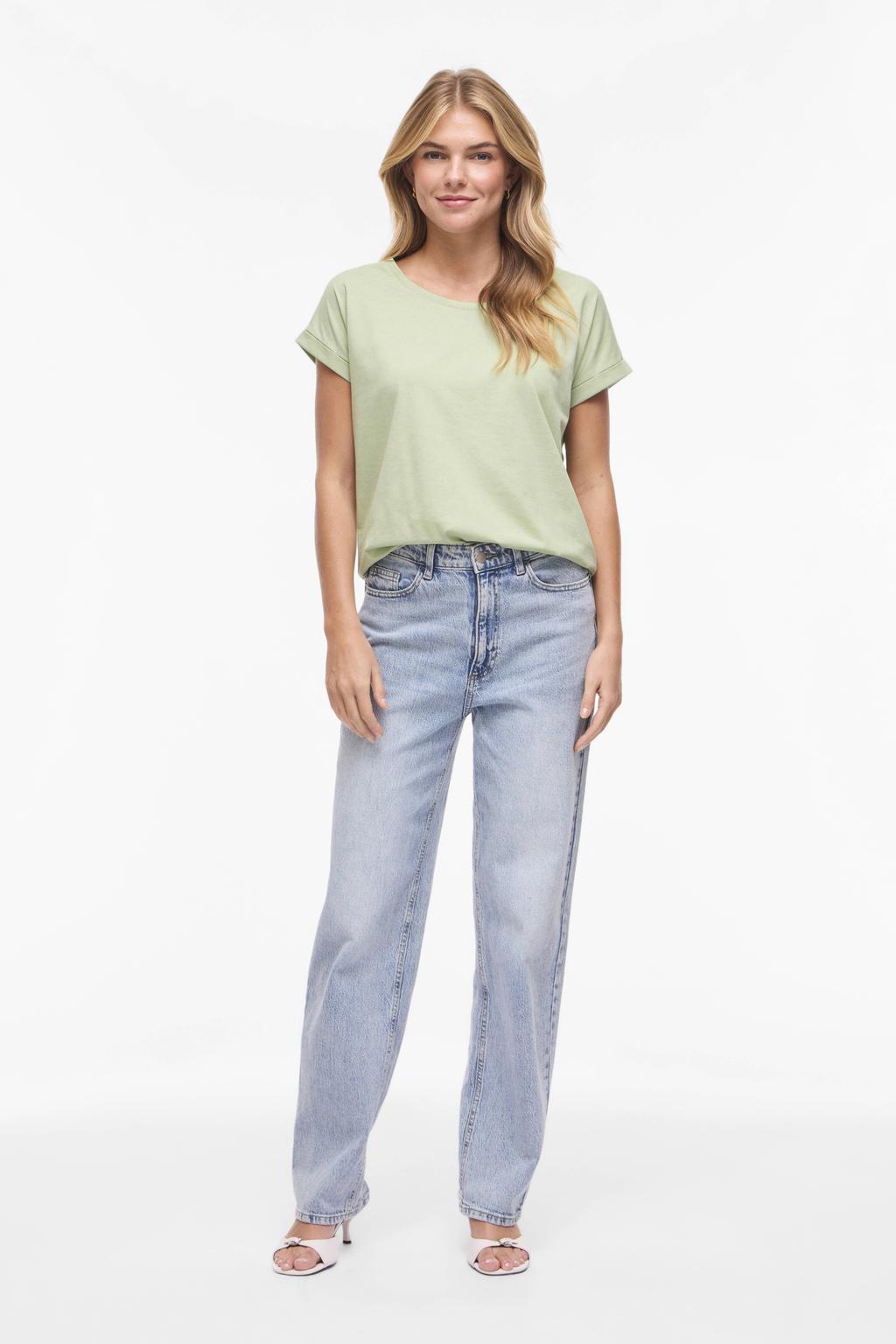 Lichtgroene dames VILA T-shirt van katoen met effen, korte mouwen, ronde hals en omslagdetail