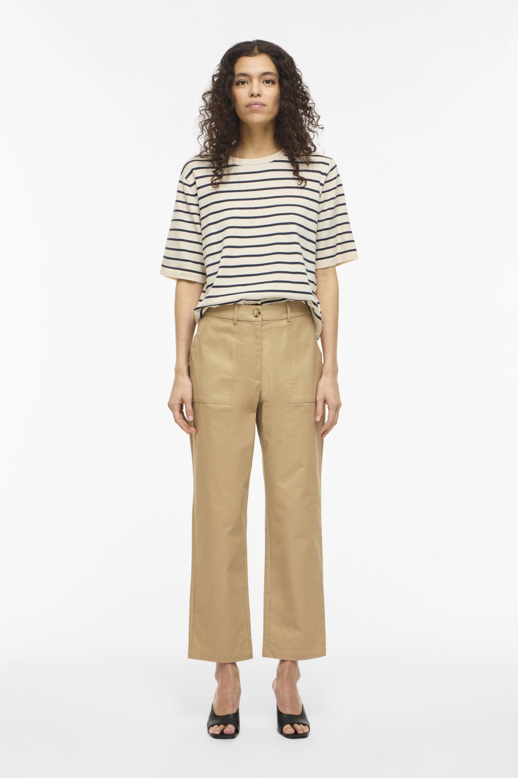 Ecru en zwarte dames VILA gestreepte top fijn gebreid van polyester met half lange mouwen en ronde hals