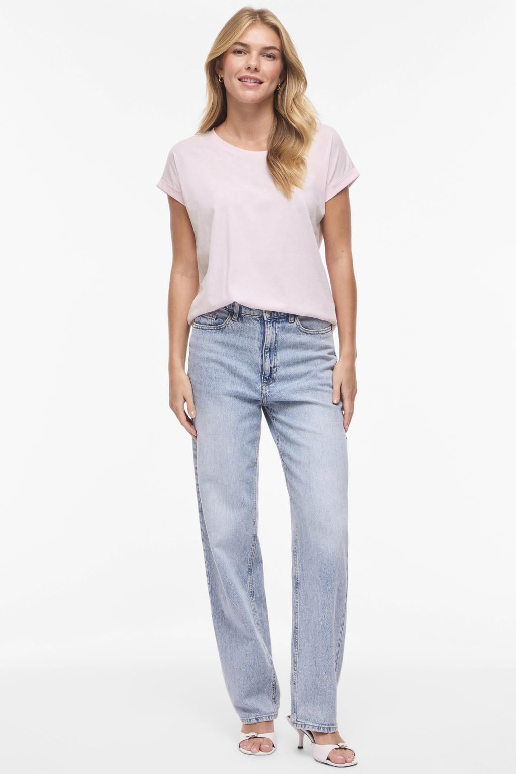 Lichtroze dames VILA T-shirt van katoen met effen, korte mouwen, ronde hals en omslagdetail