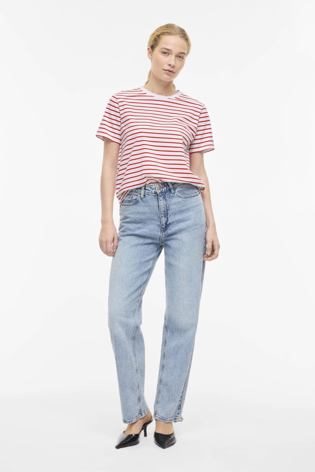 Wit en rode dames VILA gestreepte T-shirt van katoen met korte mouwen en ronde hals