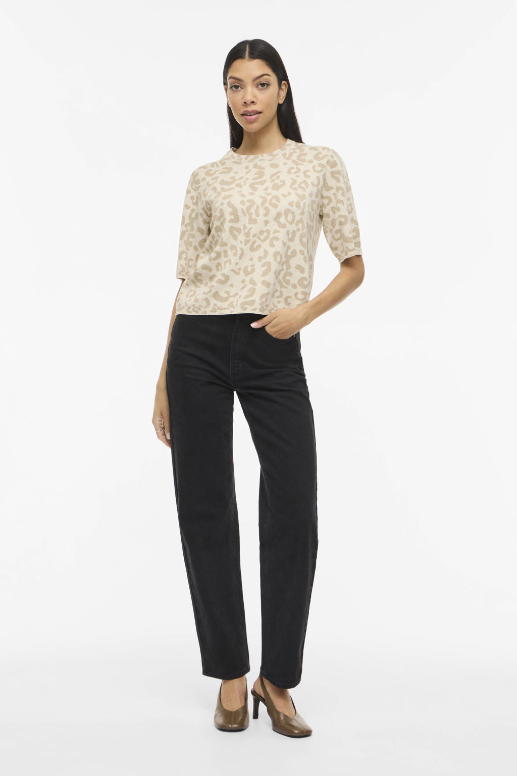 Ecru en zandkleurige dames VILA top van polyester met panterprint, half lange mouwen, ronde hals en jacquard