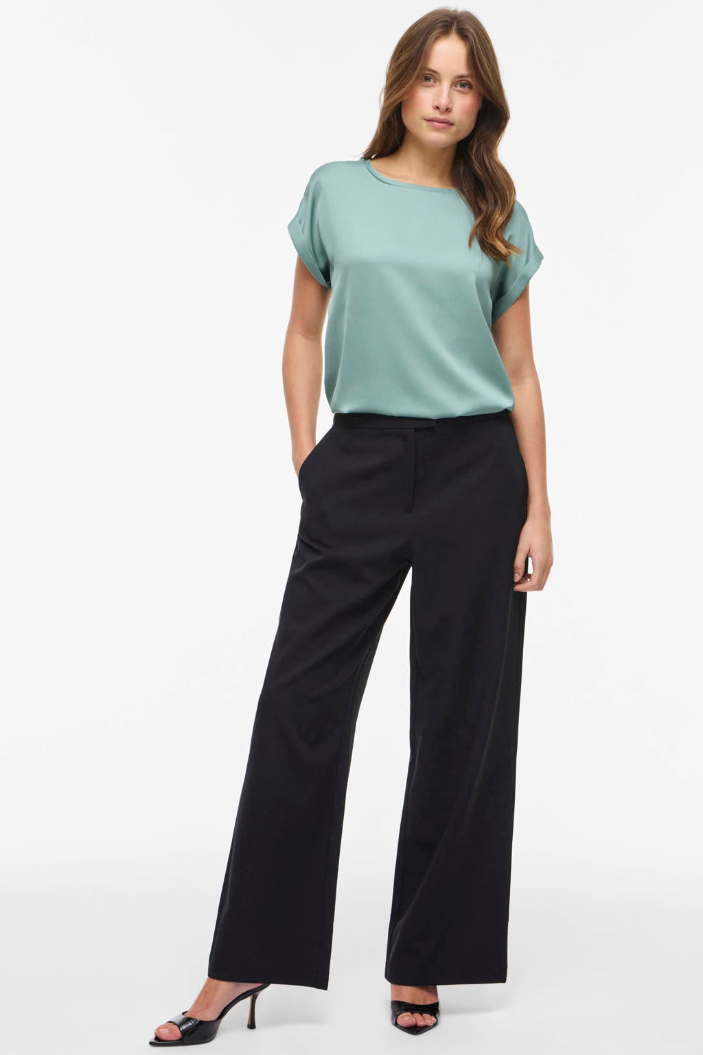Blauwe dames VILA satijnen blousetop van polyester met effen, korte mouwen, ronde hals en glimmend detail