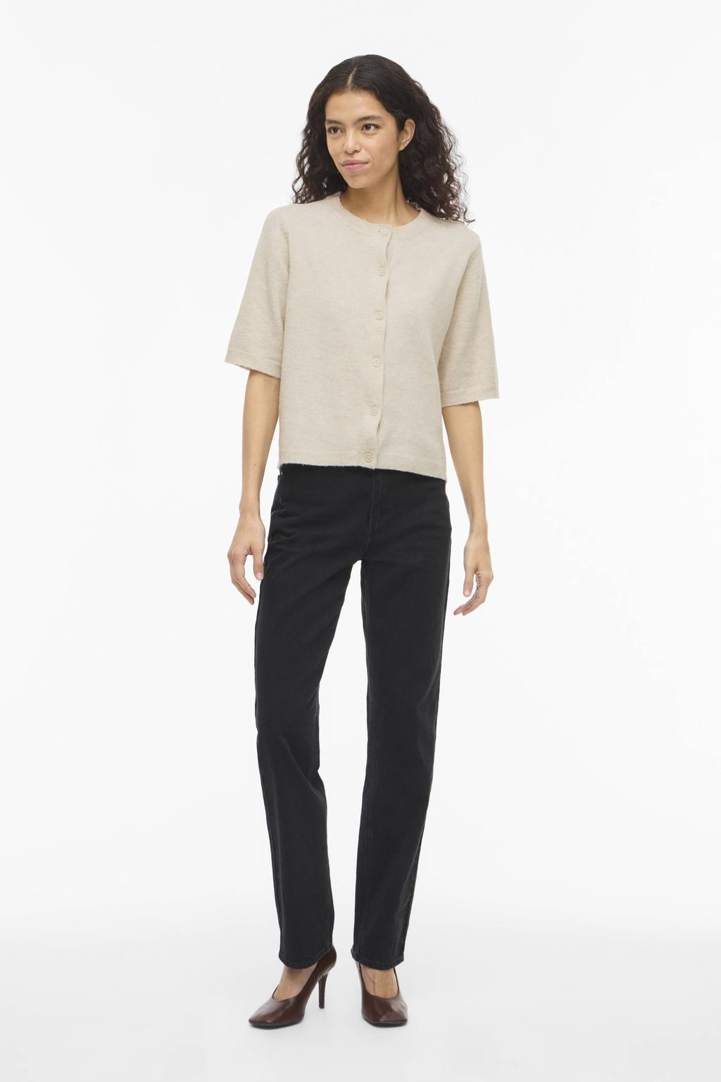 Ecru dames VILA vest gebreid met melée print, half lange mouwen, ronde hals en knoopsluiting