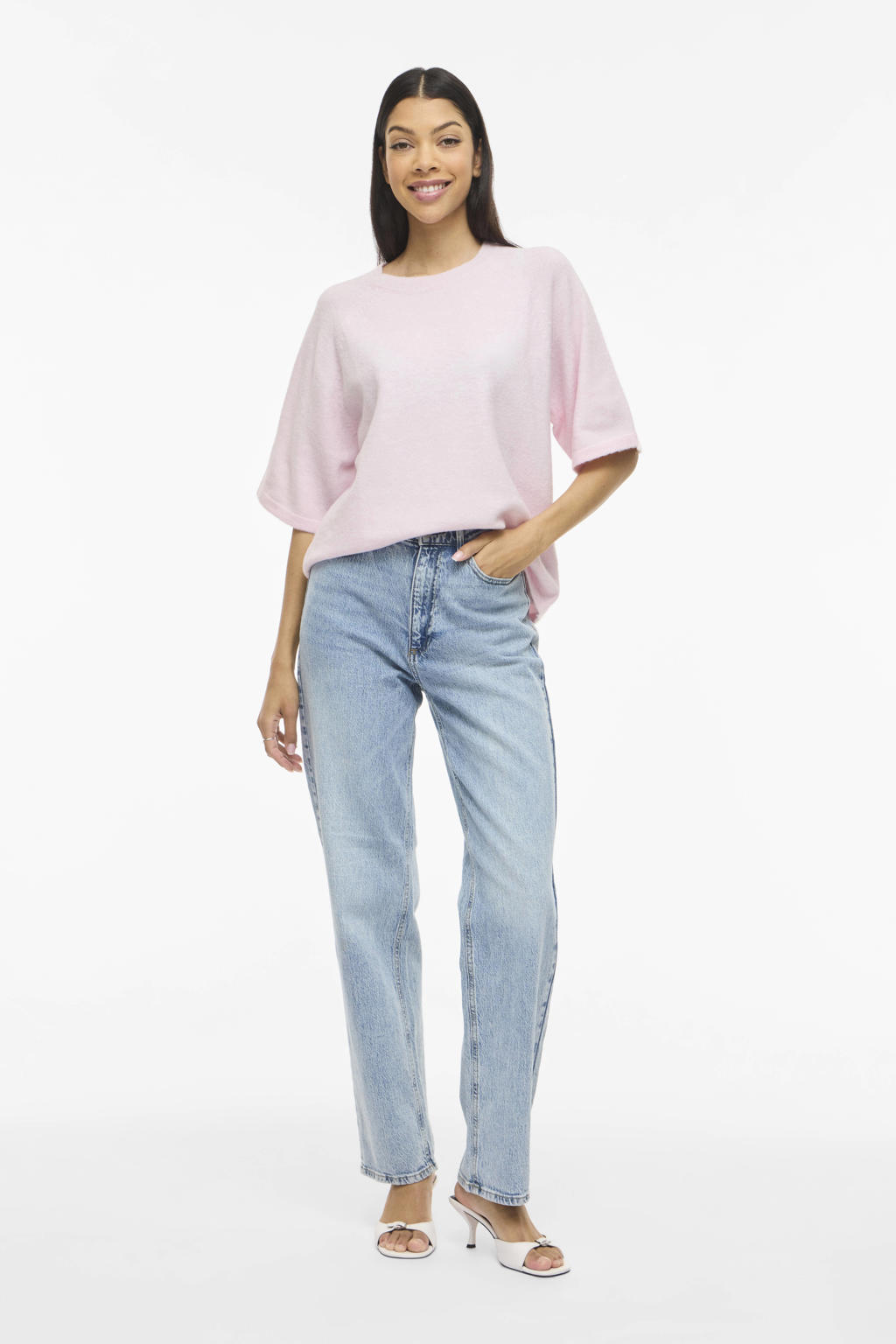 Lichtroze dames VILA top gebreid van polyester met melée print, half lange mouwen en ronde hals