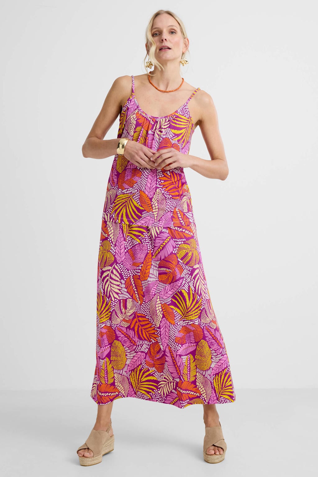 Roze en gele dames Geisha gebloemde spaghettitop van viscose met bladprint, spaghettibandjes en ronde hals