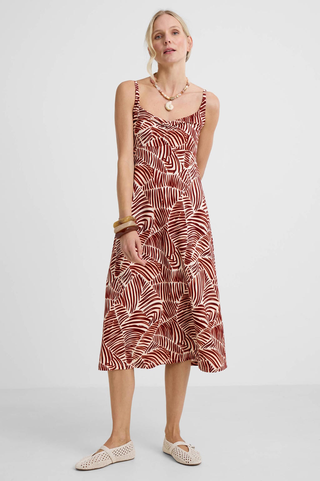 Bruin en witte dames Geisha zomerjurk van viscose met V-hals