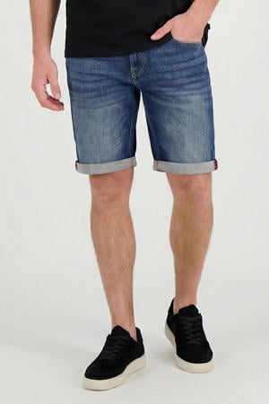 slim short dark blue denim