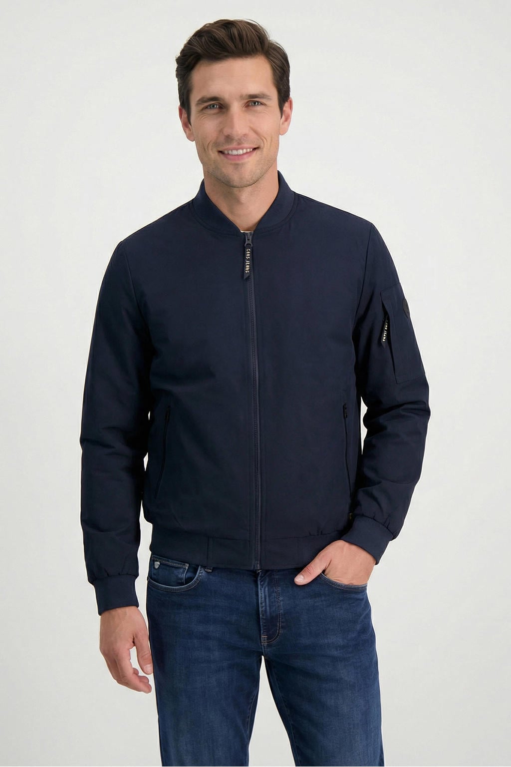 Donkerblauwe heren Cars bomberjack van polyester met effen, lange mouwen, opstaande kraag, ritssluiting en elastische boord