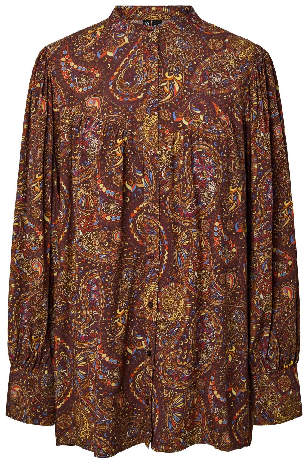 Bruine dames PIECES Curve blouse van polyester met lange mouwen, opstaande kraag, knoopsluiting en geweven detail