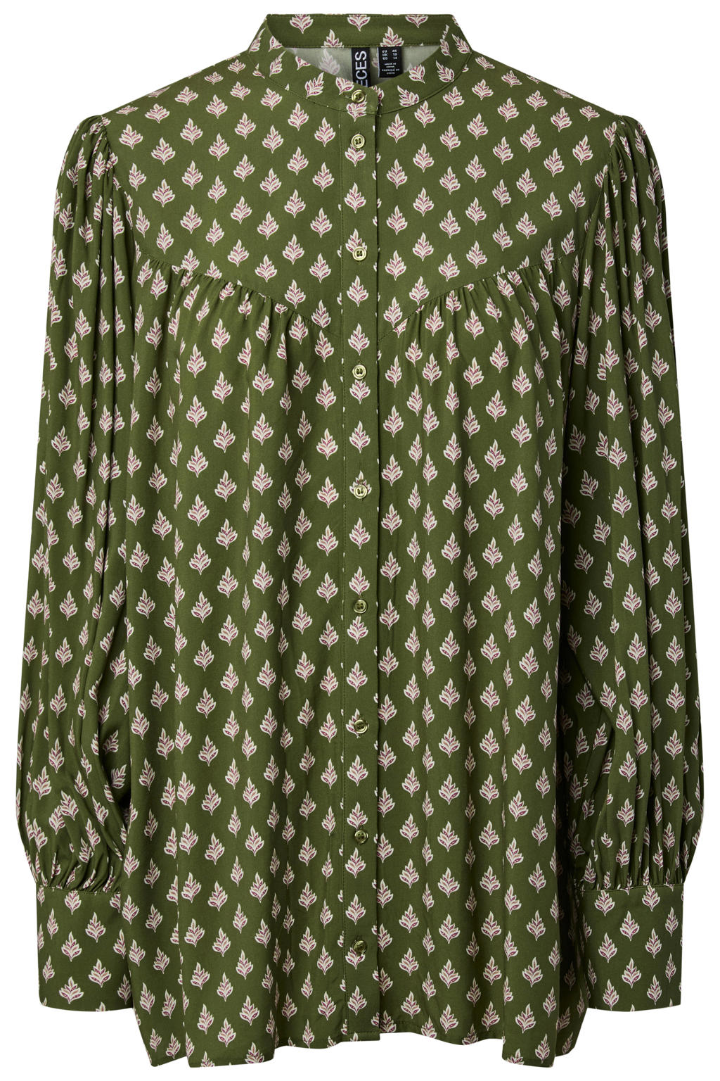 Groene dames PIECES Curve blouse van polyester met lange mouwen, opstaande kraag, knoopsluiting en geweven detail