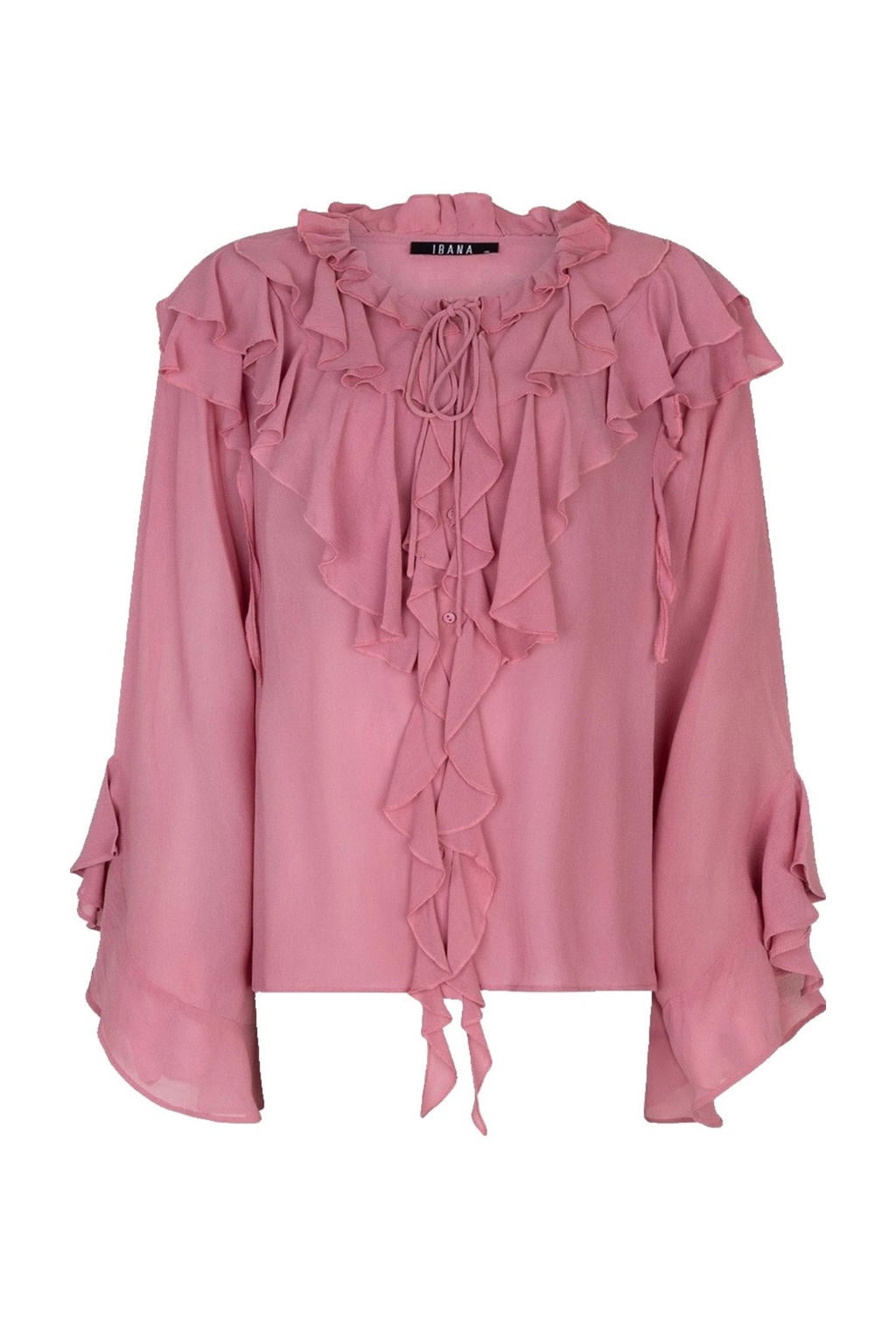 Roze dames IBANA blouse van viscose met effen, lange mouwen, ronde hals, knoopsluiting en franjes